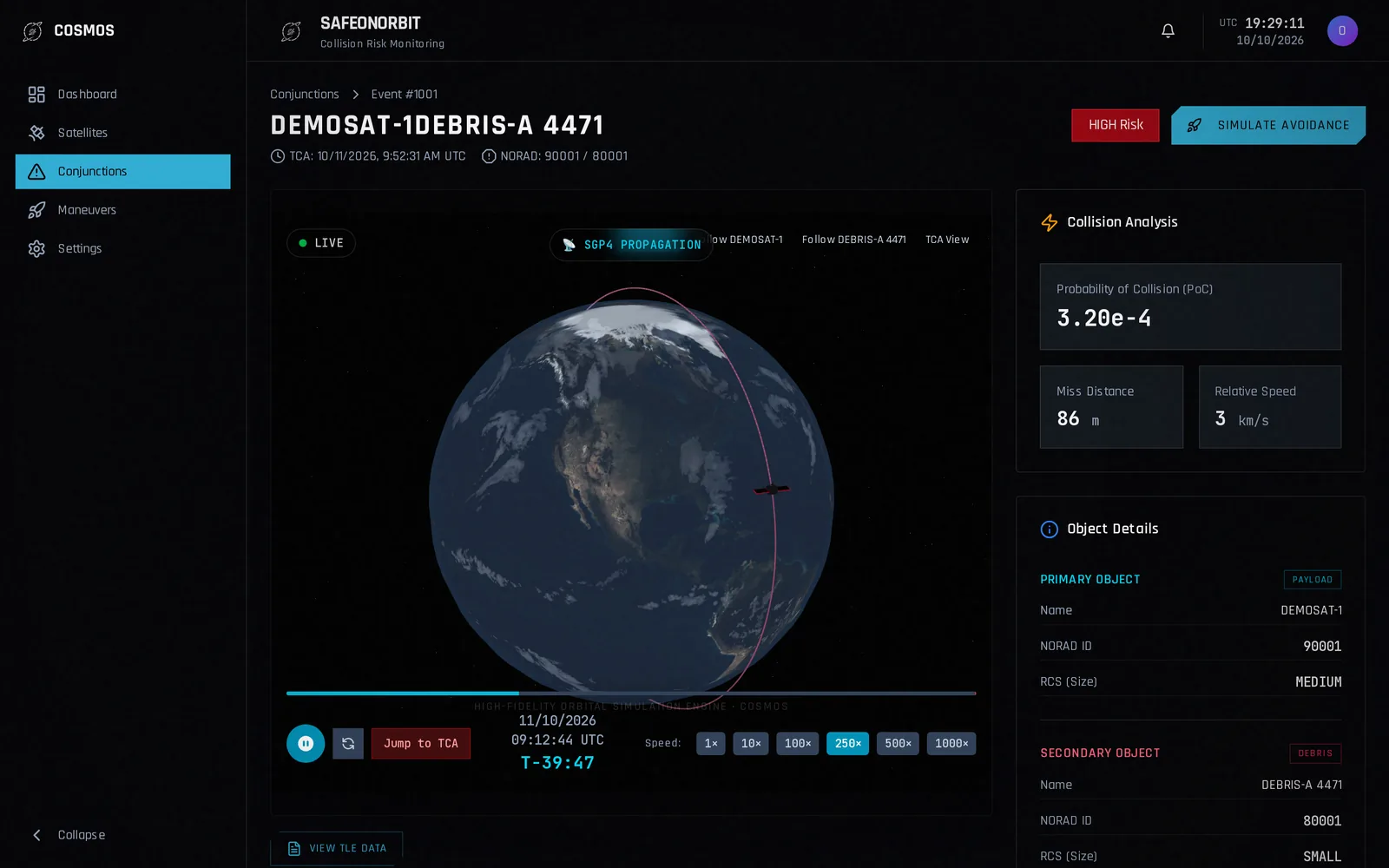 3D globe with a satellite’s orbit and a side panel with the probability of collision.