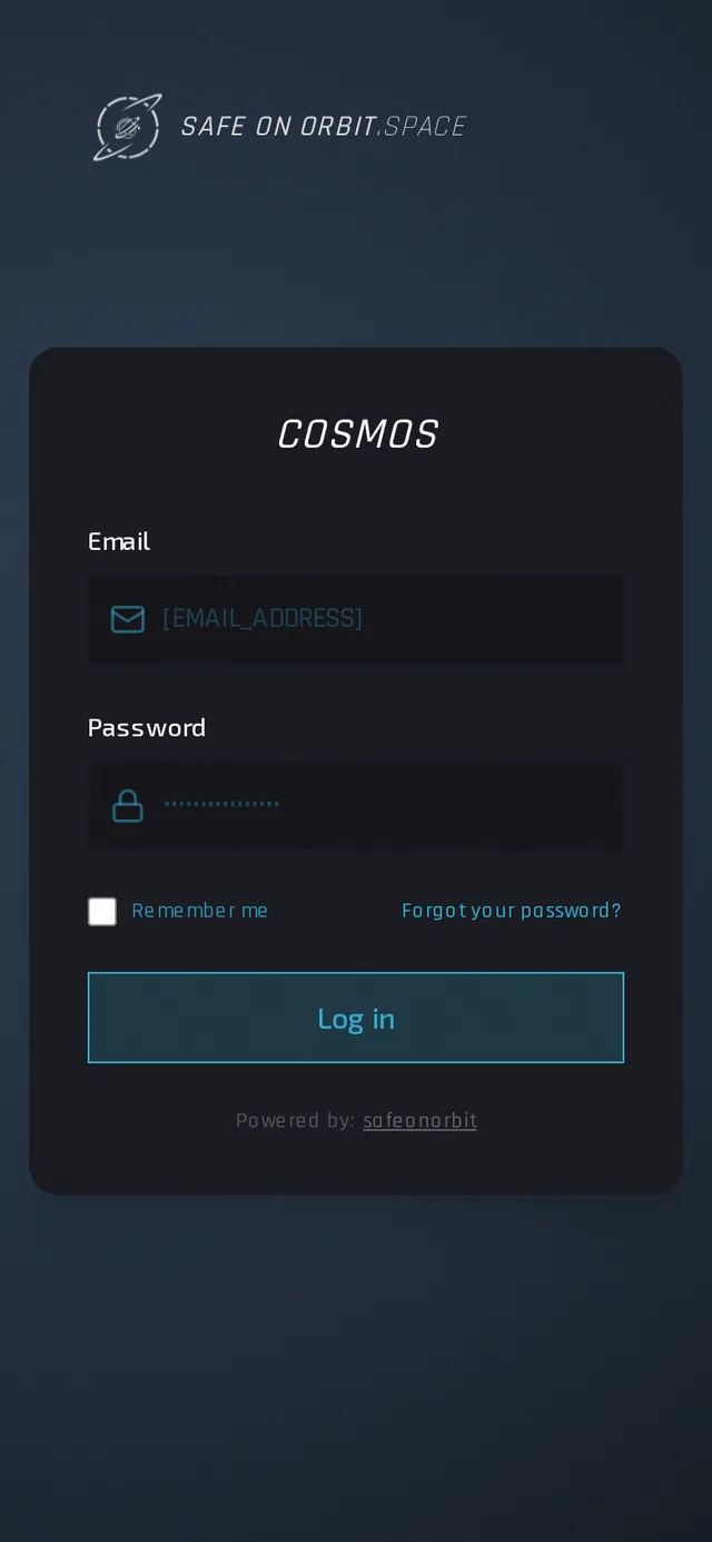 Dark login screen in a phone layout, with email and password fields.