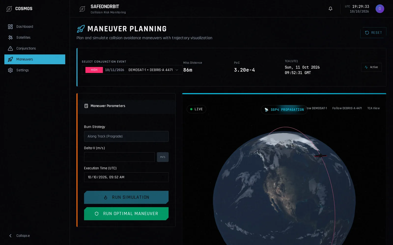 Maneuver planning screen with a parameter form and a 3D globe.