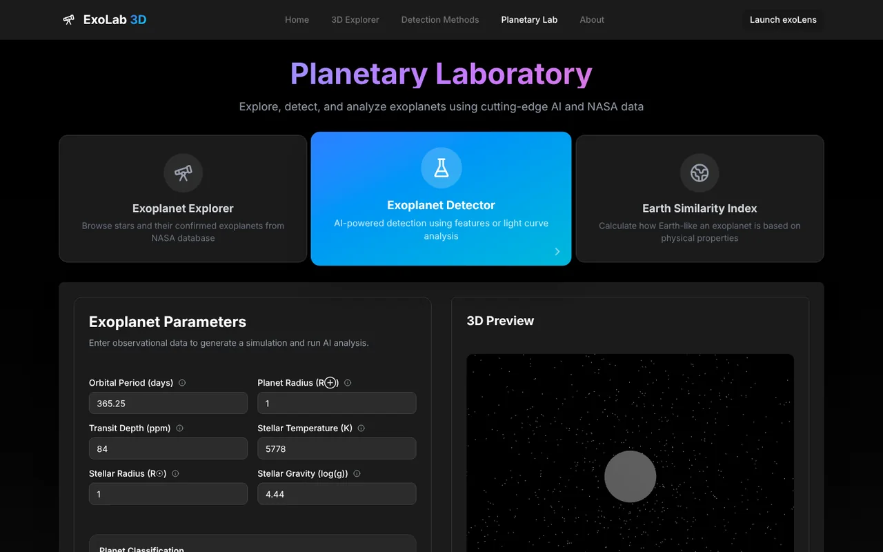 Laboratório do ExoLens: formulário com seis parâmetros de exoplaneta ao lado de uma prévia em 3D.