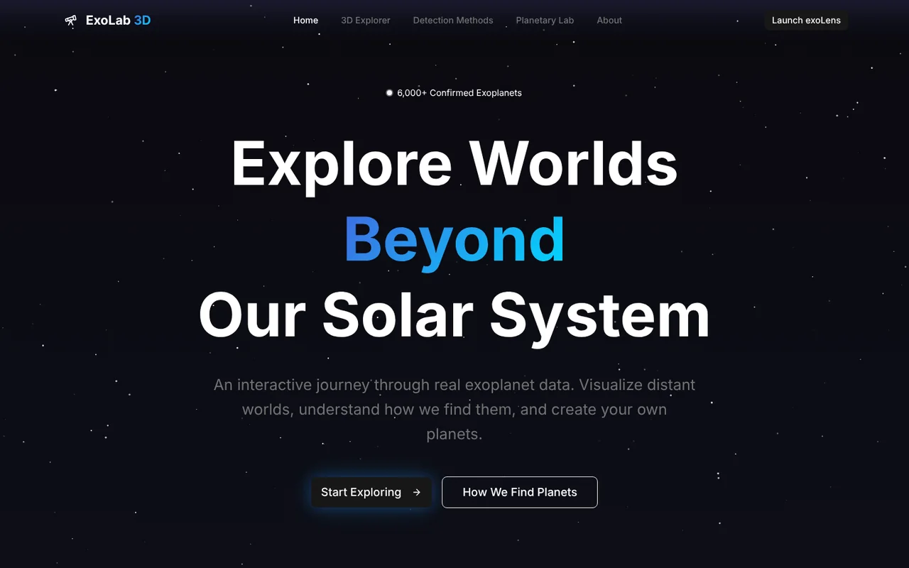 ExoLens home page with a starfield and the headline “Explore Worlds Beyond Our Solar System”.