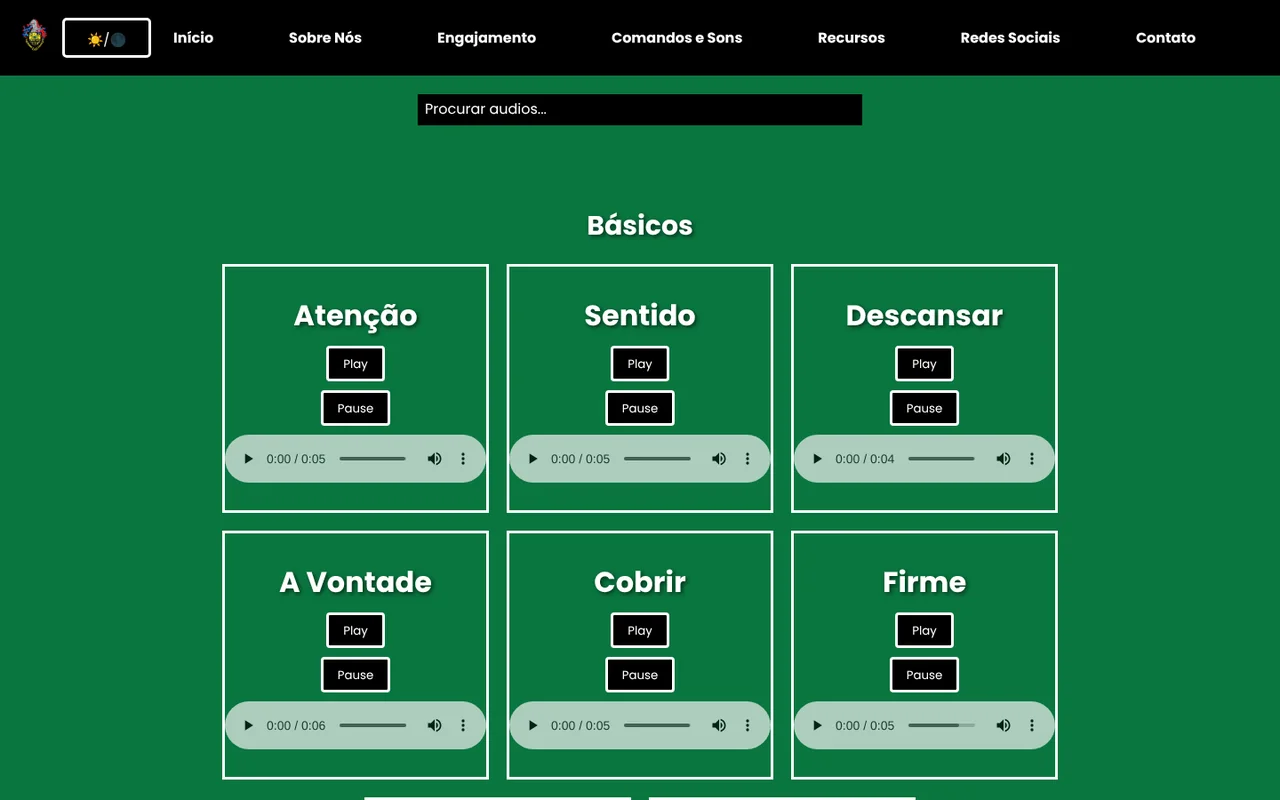Site SONS: caixa de busca e cartões de comandos como Atenção, Sentido e Descansar, cada um com botões de tocar e pausar.