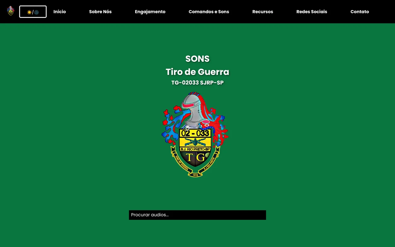 SONS website header with the Tiro de Guerra 02-033 crest.